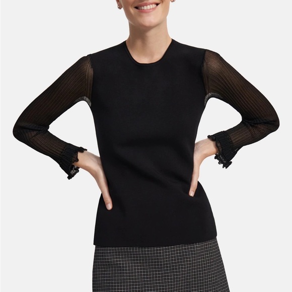 Theory Sweaters - Theory Black Sheer Sleeve Sweater Top in Wool Viscose Crepe Size L NWT
